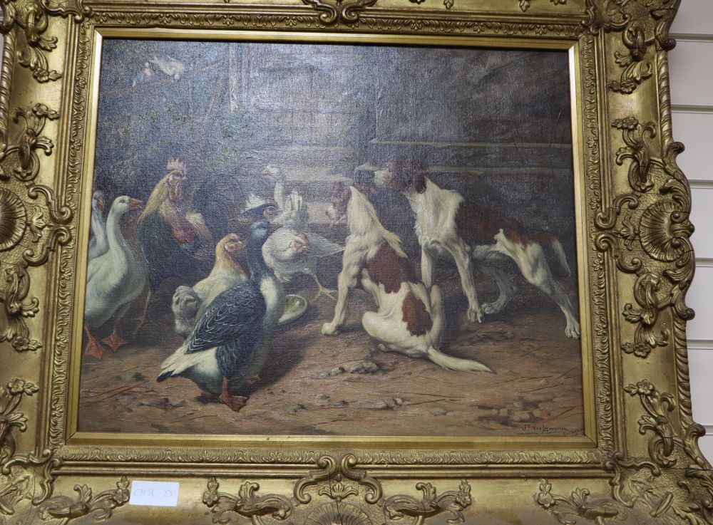 J.G. Van Leemputten, oil on canvas, Collies and chickens in a farmyard, signed, 46 x 56cm